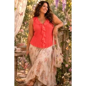Studio 1940 Y2K Pleated Ruffle Blouse XL Coral Sleeveless Coquette Fairycore